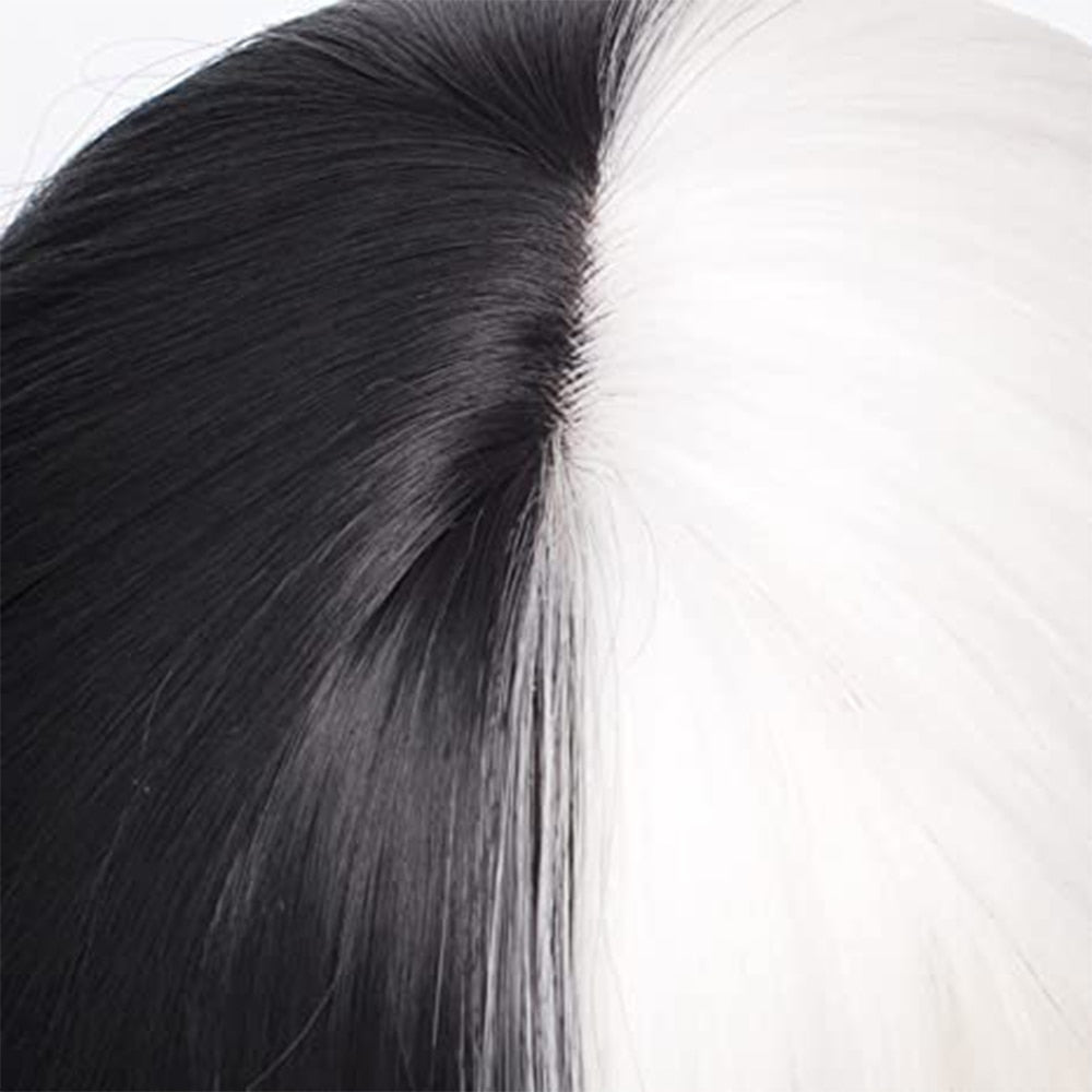 Cruella Deville Women Kuila Black and White Wig with Bangs Short Wave Curly Synthetic Hair Wig Party Cosplay Halloween Wig