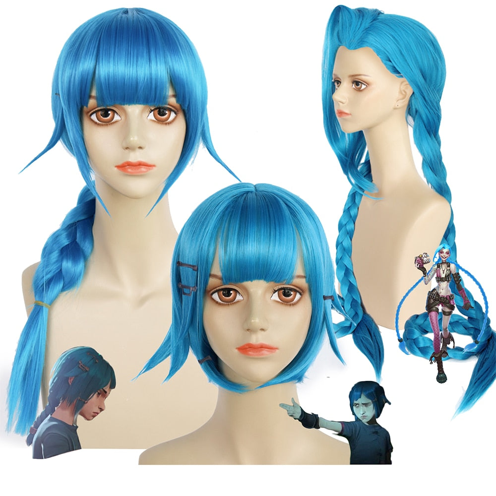 LOL League of Legends Anime Two Cities Battle Cosplay Light Blue Long Braid Ladies Bangs Synthetic Wig Juvenile Jinx Short Bob Wig