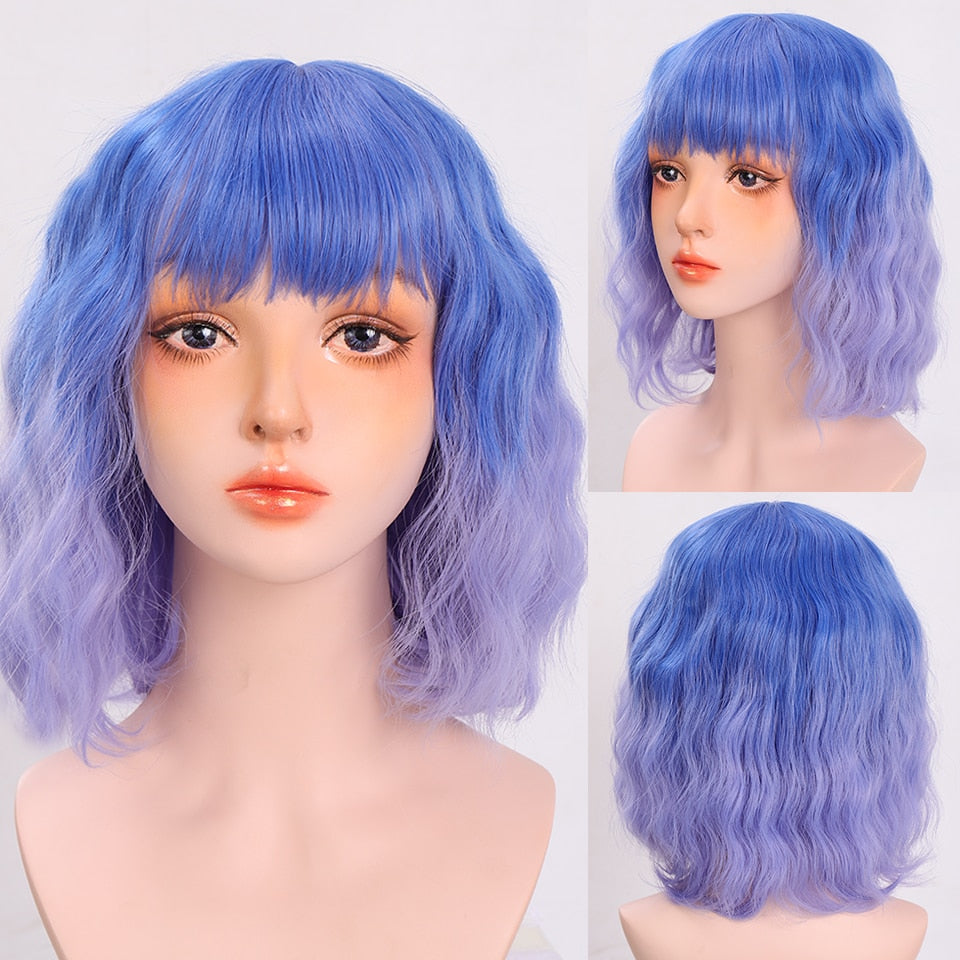 Synthetic Wigs For Women Daily Cosplay Long Water Wave  Lolita Wig With Bangs Cold Brown Heat Resistant Hair Bob Wig