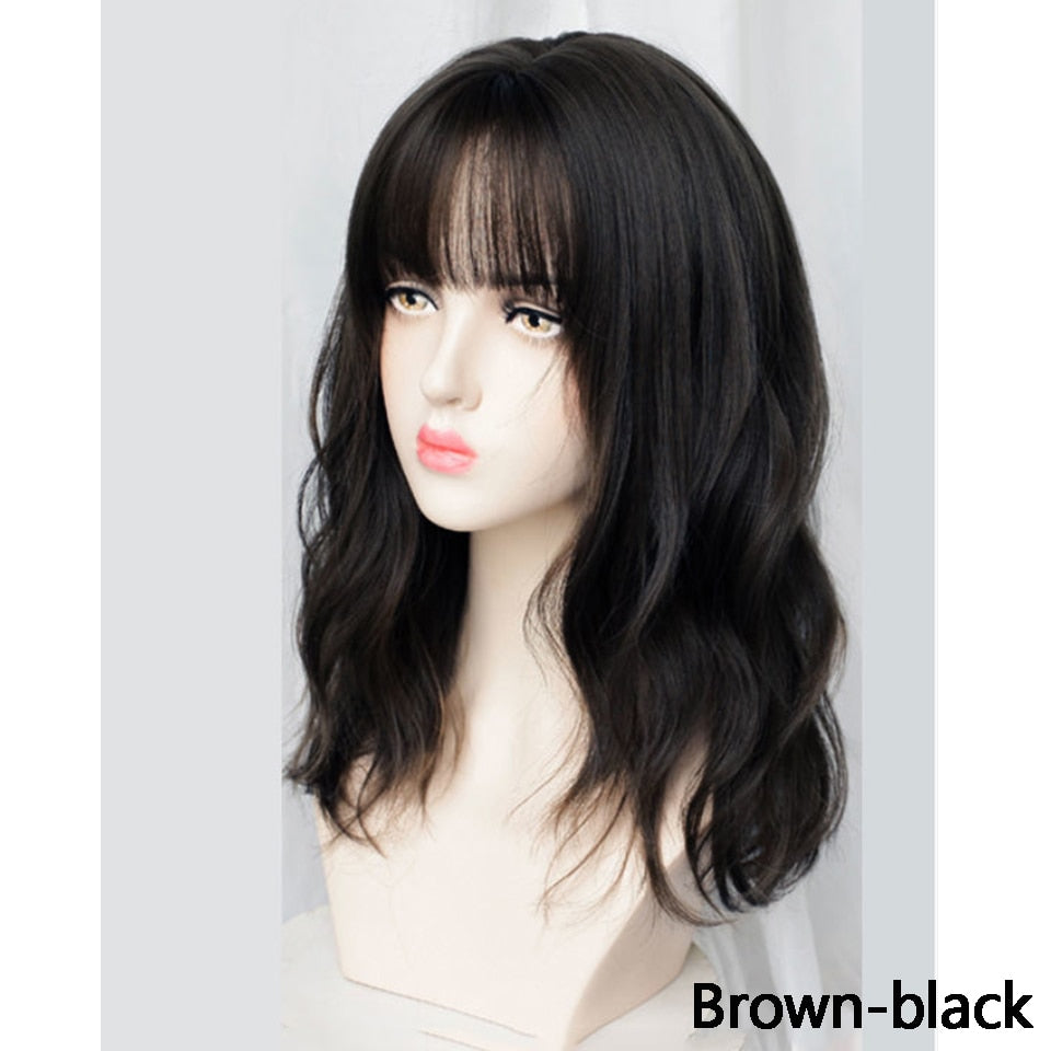 Synthetic Wigs For Women Daily Cosplay Long Water Wave  Lolita Wig With Bangs Cold Brown Heat Resistant Hair Bob Wig