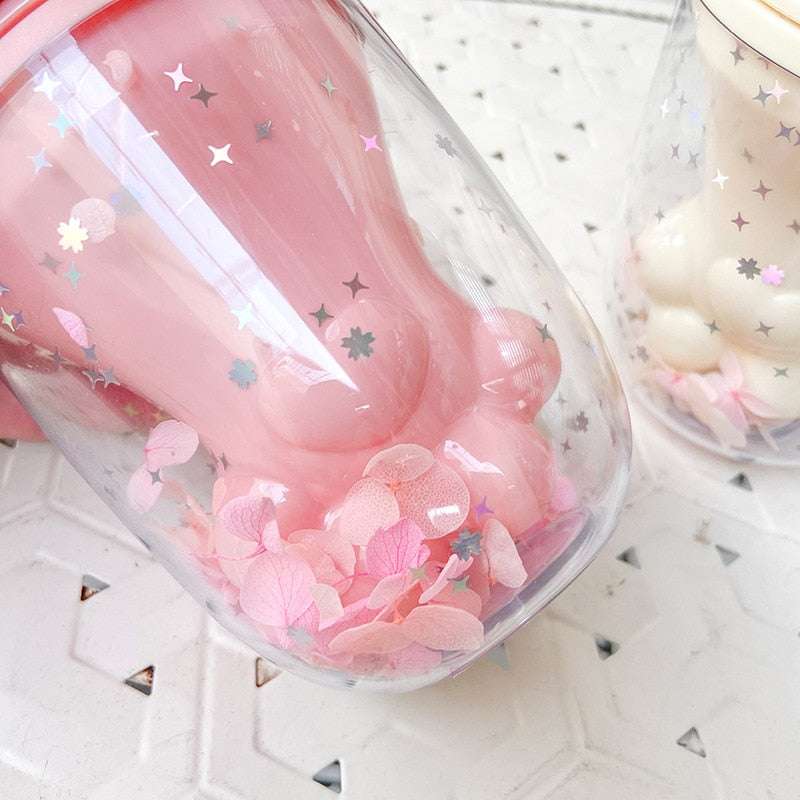 Water bottle cute cat paw plastic cup cute cartoon ins photo posing creative straw cup gift office school home