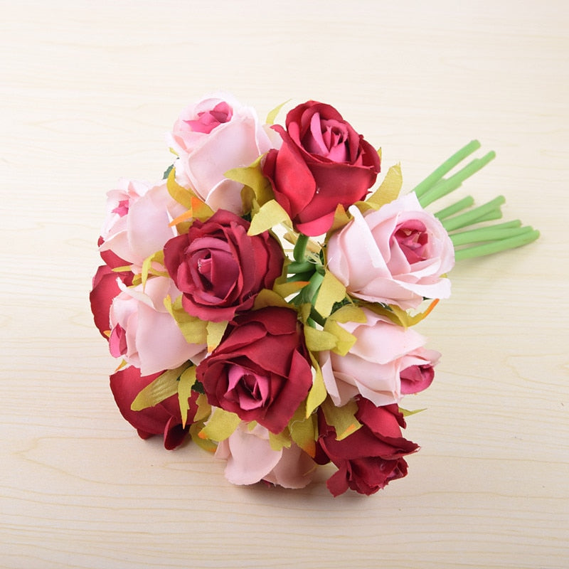 12 Heads/Bundle Artificial Rose Flowers Bride Bouquet Wedding Decorative Vase for Home Decoration Party Supplies Flores