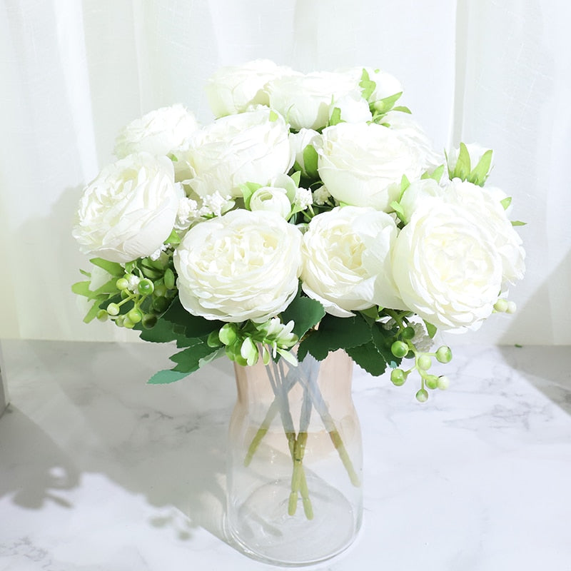 Beautiful Rose Peony Artificial Silk Flowers Small White Bouquet Home Party Winter Wedding Decoration Fake Flowers