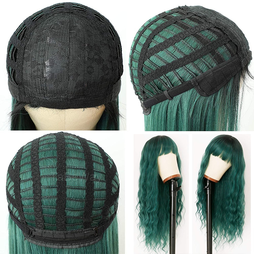 Green Long Wavy Bangs Loose Curly Hair Wig 26 Inches Natural Heat-Resistant Synthetic Fiber Ladies Cosplay Daily Wear Wig