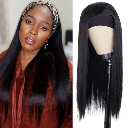 Synthetic Hair Wig 26inch Long Black Straight Headband Wigs Heat Resistant Machine Made Wig For Black Women