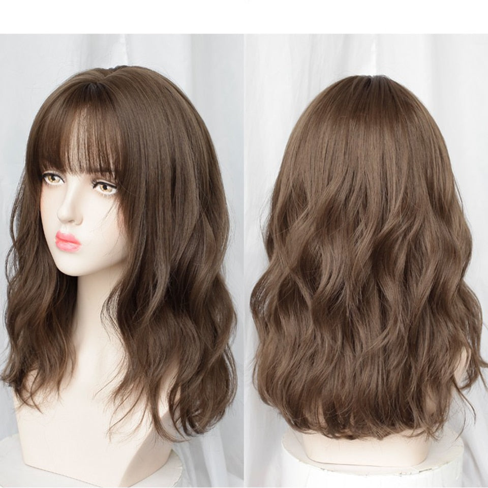 Synthetic Wigs For Women Daily Cosplay Long Water Wave  Lolita Wig With Bangs Cold Brown Heat Resistant Hair Bob Wig