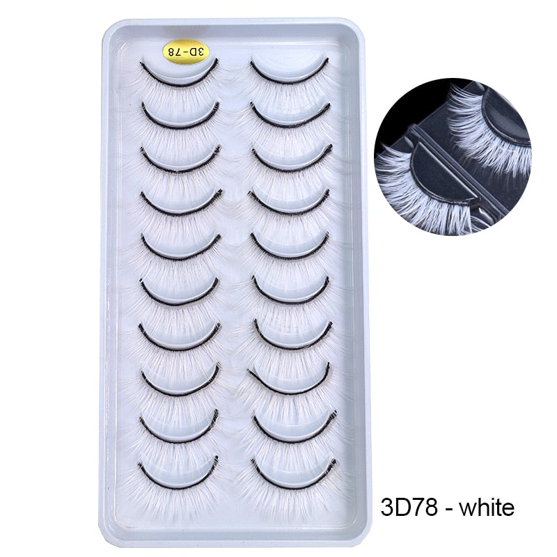 10Pairs/Lot Rainbow Colorful Mink False Eyelashes White Bulk Red Purple Blue Colors Fake Lashes for Dolls Cosplay