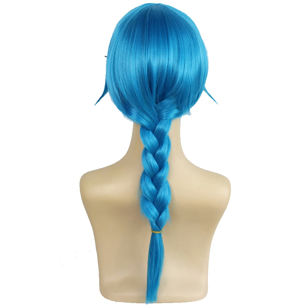 LOL League of Legends Anime Two Cities Battle Cosplay Light Blue Long Braid Ladies Bangs Synthetic Wig Juvenile Jinx Short Bob Wig
