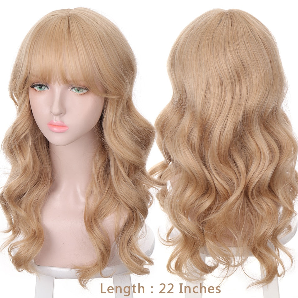 Synthetic Wigs For Women Daily Cosplay Long Water Wave  Lolita Wig With Bangs Cold Brown Heat Resistant Hair Bob Wig