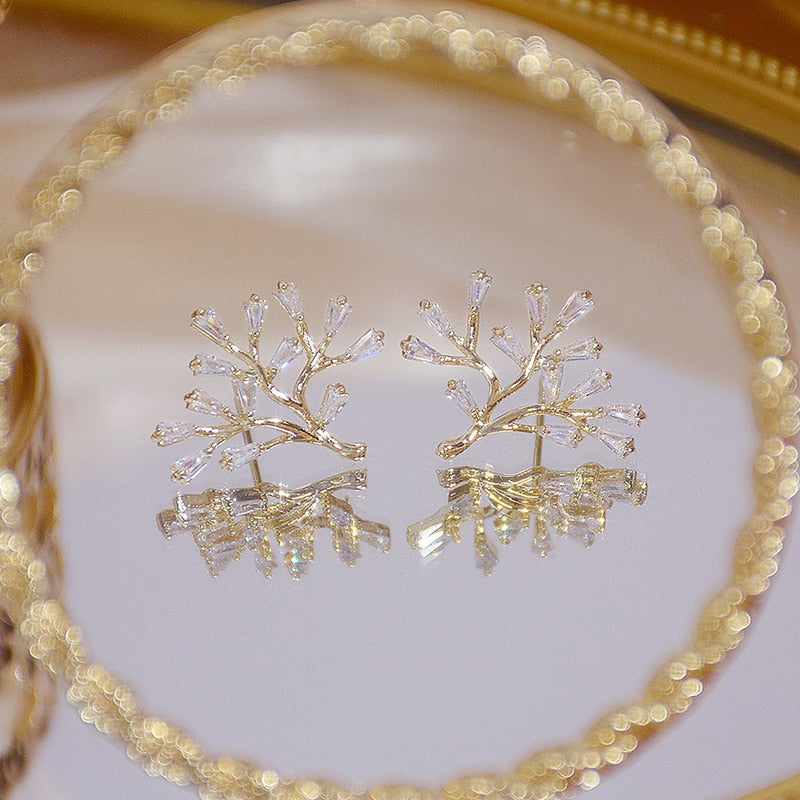 Transparent Crystal Tree Leaf Earring 14K Real Gold AAA Zirconia Stud Earring Bijoux Pendant