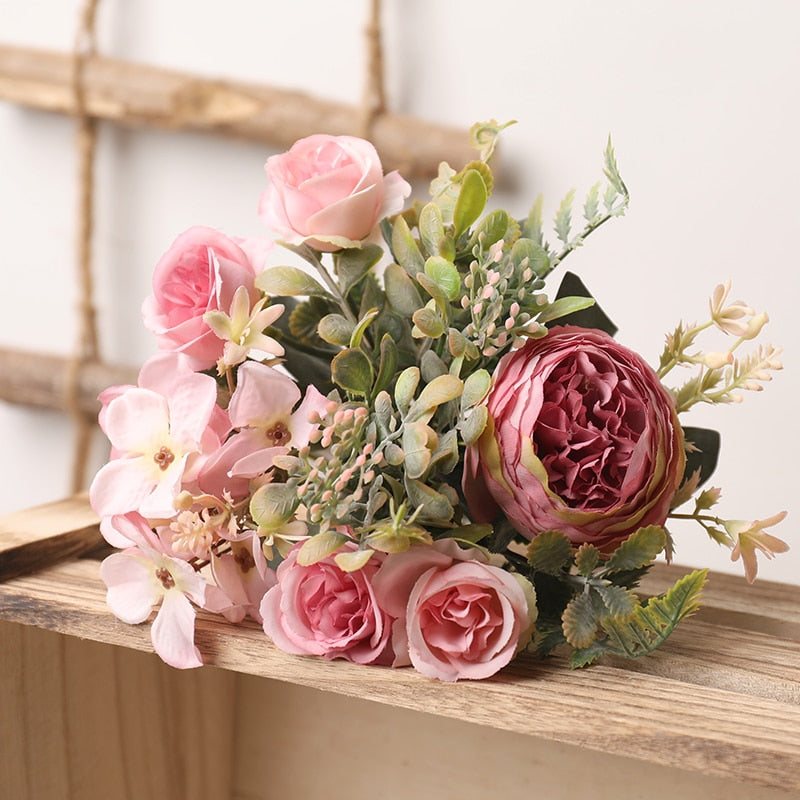 White Silk Artificial Roses Flowers Wedding Home Autumn Decoration High Quality Big Bouquet Luxury Fake Flower Arrangement Bulk