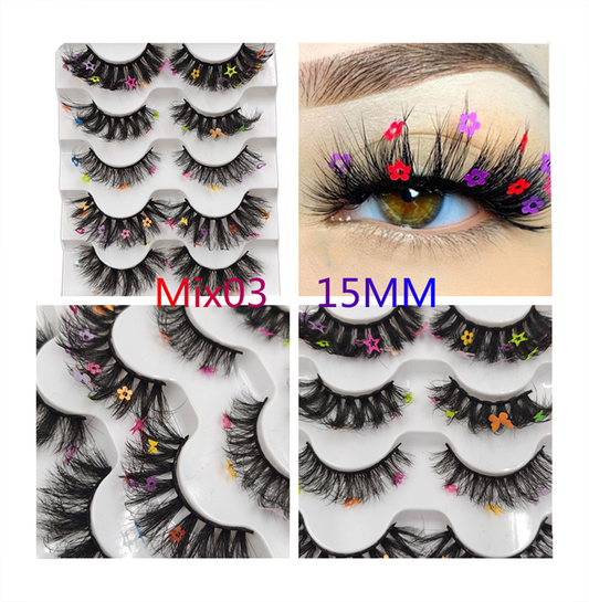 5 Pairs Red Green Yellow Pink Colored Eyelashes for Wholesale Colorful Faux Lashes in Bulk with butterfly and flowers ombre