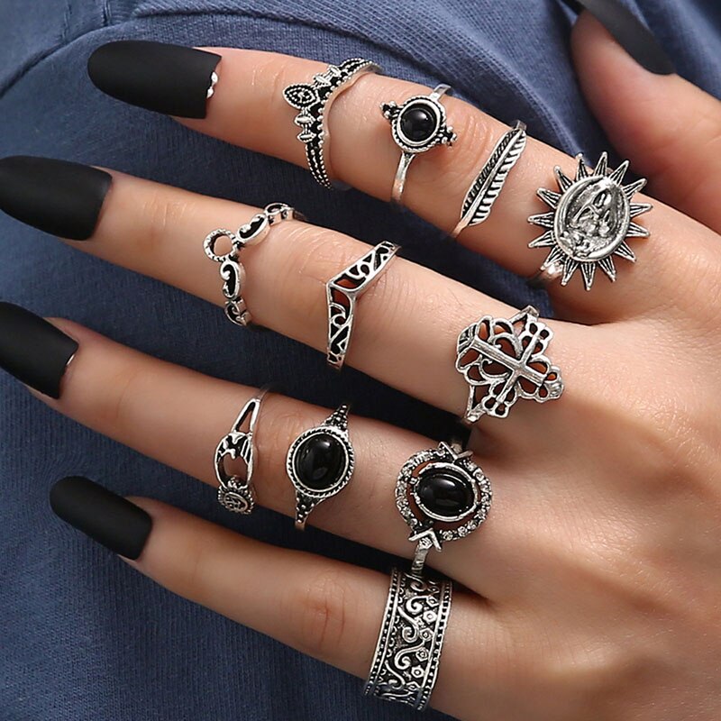Vintage Rings Set For Women Boho Moon Star Knuckle Finger Ring Female Bohemian Gold Silver Color Jewelry Accessories