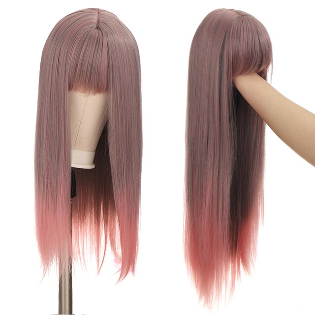 Synthetic Hair Black and Pink Wig Long Straight Hair Cosplay Lolita Wig Two Tone Ombre Color Women Heat Resistant Wigs