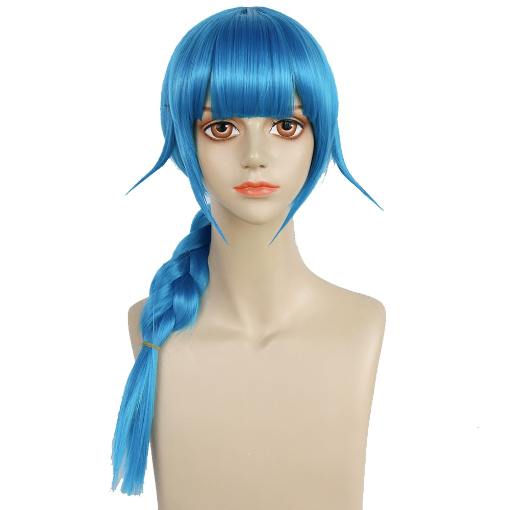 LOL League of Legends Anime Two Cities Battle Cosplay Light Blue Long Braid Ladies Bangs Synthetic Wig Juvenile Jinx Short Bob Wig