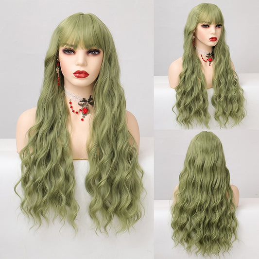 Green Long Curly Wave Synthetic Wigs for Women Daily Party Cosplay Hair Wigs with Bangs Heat Resistant Wig