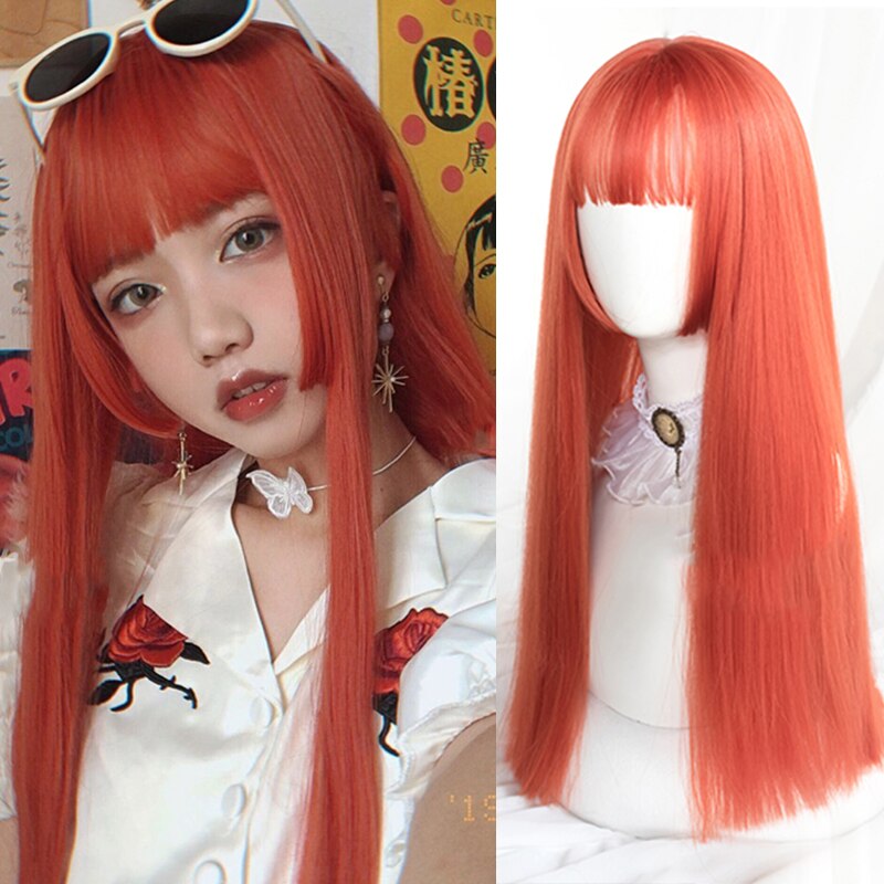 Synthetic Hair Black and Pink Wig Long Straight Hair Cosplay Lolita Wig Two Tone Ombre Color Women Heat Resistant Wigs