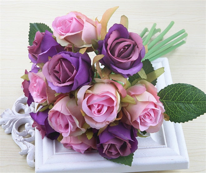 12 Heads/Bundle Artificial Rose Flowers Bride Bouquet Wedding Decorative Vase for Home Decoration Party Supplies Flores