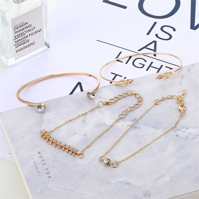4Pcs/Set Geometric Crystal Charm Bracelets for Women Leaf Bangles Bracelets Set Wrist Chain Boho Bracelet