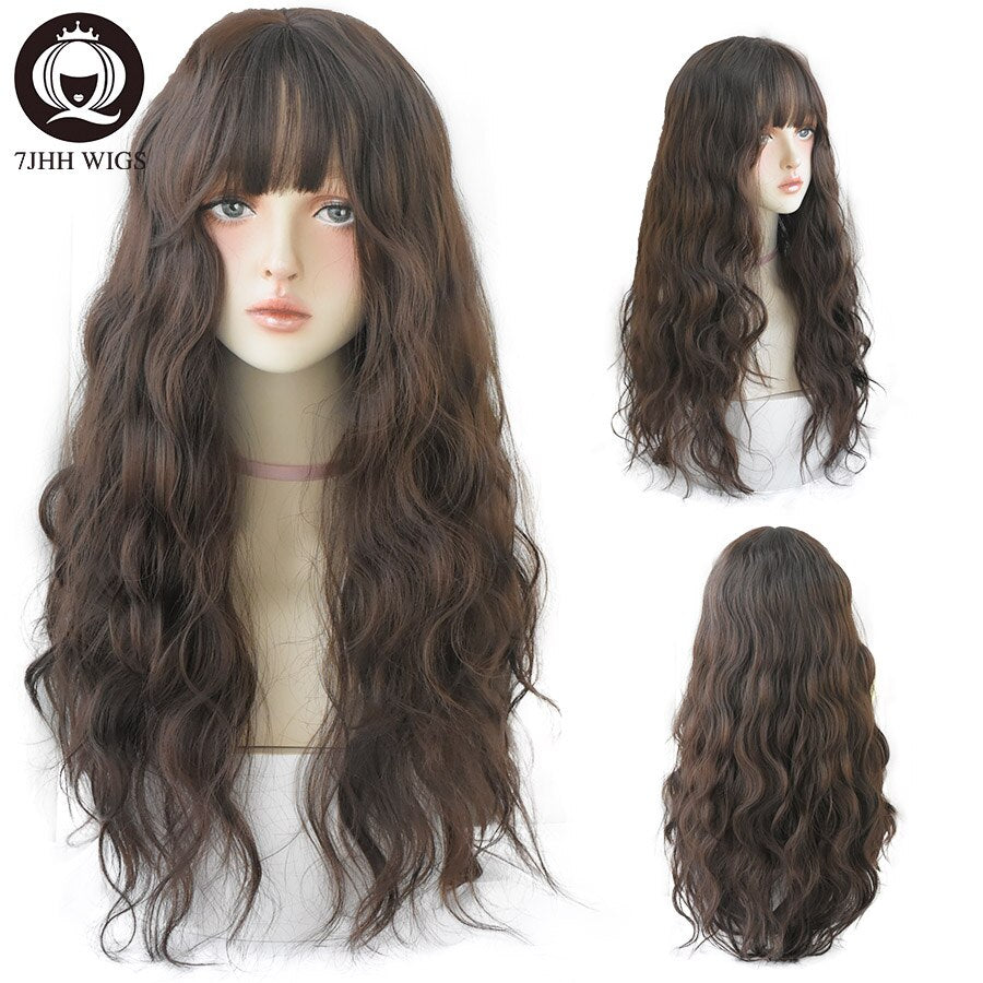 Blue Deep Wave Wig With Bangs Long Omber Brown Hair Layered Heat Resistant Cosplay Party Synthetic Wig