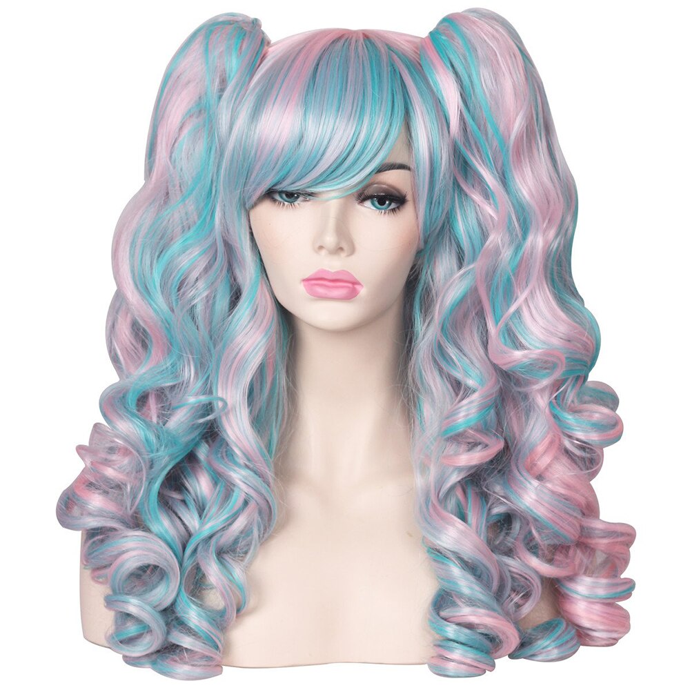 Long Curly Hair Ponytail Lolita Cosplay Lady Synthetic Wig Double Ponytail Detachable Black Gold Pink Purple Gradient Wig