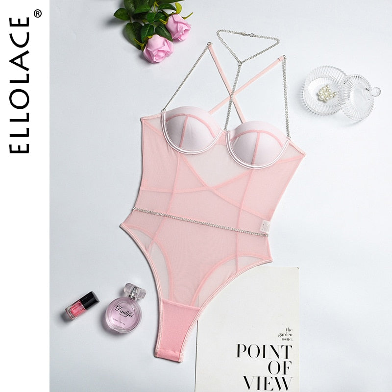 Rhinestone Sexy Lingerie Bodysuit Women Lace Sleeveless Bodies Underwire Push up Bodycon High Cut Body Backless Top