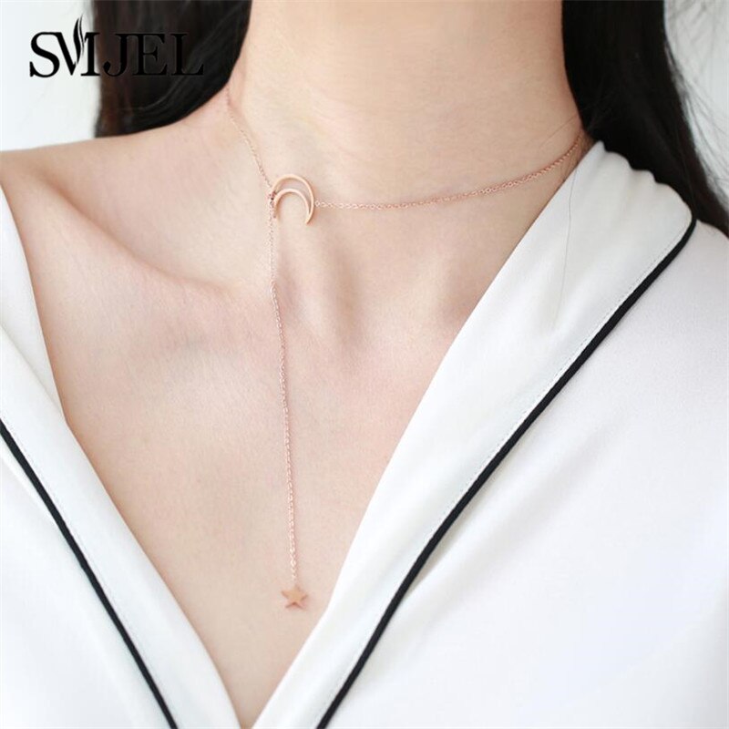 Simple Y Chain Hollow Moon Necklaces Jewelry Stainless Steel Crescent Moon Star Pendant Necklaces Rose Gold Choker