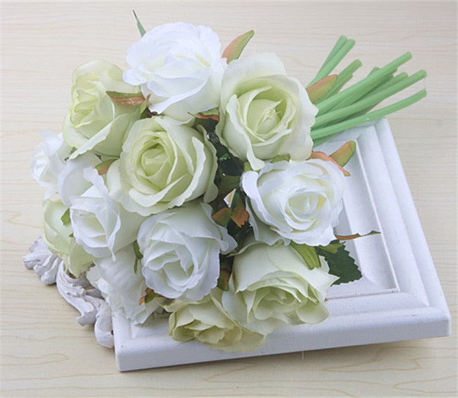 12 Heads/Bundle Artificial Rose Flowers Bride Bouquet Wedding Decorative Vase for Home Decoration Party Supplies Flores
