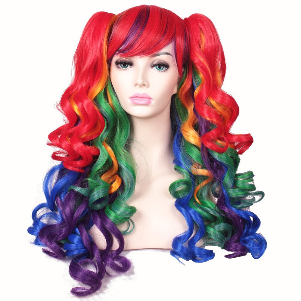 Long Curly Hair Ponytail Lolita Cosplay Lady Synthetic Wig Double Ponytail Detachable Black Gold Pink Purple Gradient Wig