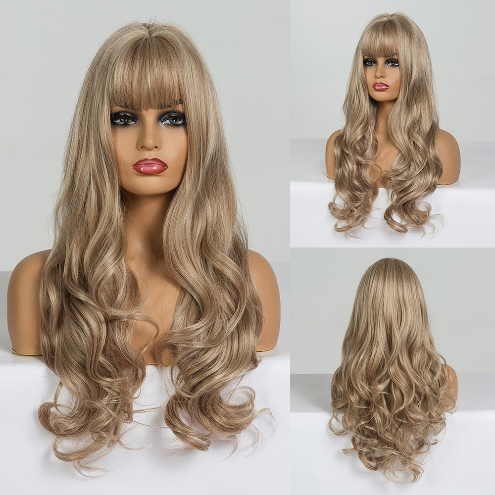 Synthetic Long Wavy Dark Brown Golden Highlight Wig Cosplay Wig with Bangs Heat Resistant
