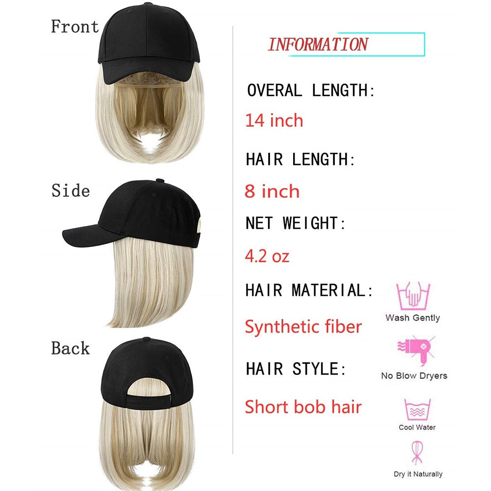 Short Wavy baseball wig Synthetic Natural bob Wig Black hat wigs cap with Hair Naturally Connect Baseball Cap Adjustable