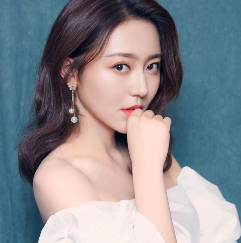 Korean Jewelery Elegant Butterfly Long Pearl Crystal Earrings Tassel Girl Earring