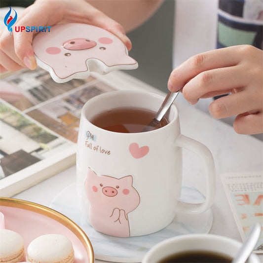 500mL Ceramics Cute Pig Mug with Lid Spoon Coffee Milk Tea Cup Water Drinking Glasses Tumbler Creative Gift Drinkware