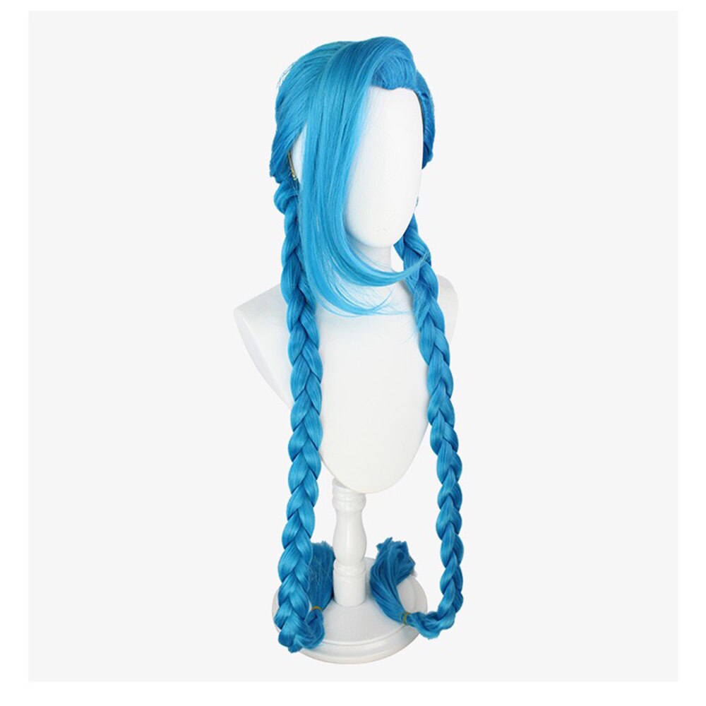 120 Cm 48 Inch LOL League of Legends Jinx Cosplay Blue Braided Double Ponytail Synthetic Wig Anime Twins Battle Explosion Wig