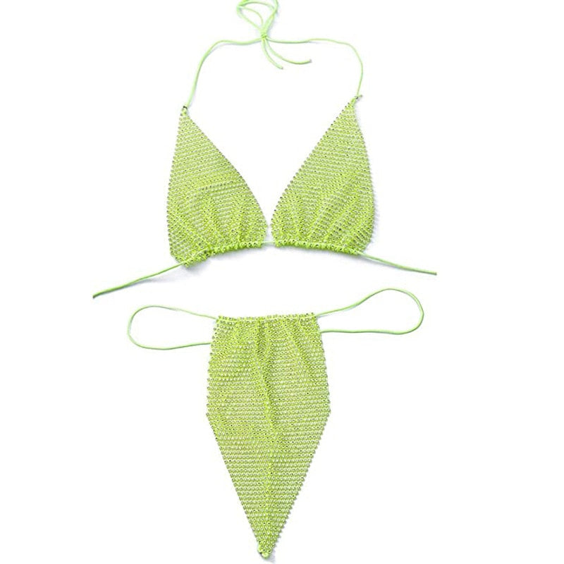 Bling Rhinestones Fishnet Bikini Women Halter Bra Sexy Panty 2 Piece Outfits Lady Lingerie Set Sexy Swimwear Women