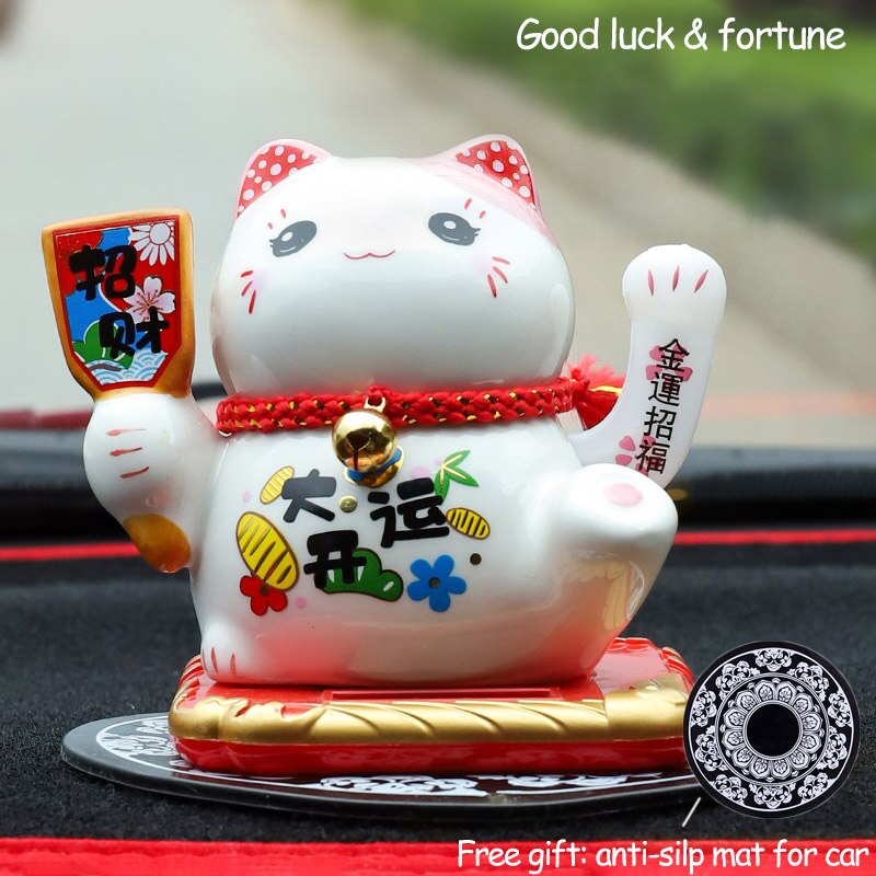 Ceramic Lucky Cat Solar Powered Maneki Neko Waving Arm Beckoning Fortune Welcoming Cat with Car Mat Desktop Decor Charm Gift