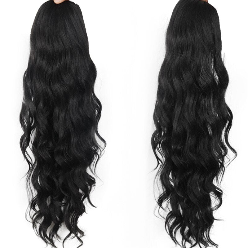 Synthetic Ponytail Extension Long Black Drawstring Wavy Ponytail Hair for Women Body Wavy Ponytail
