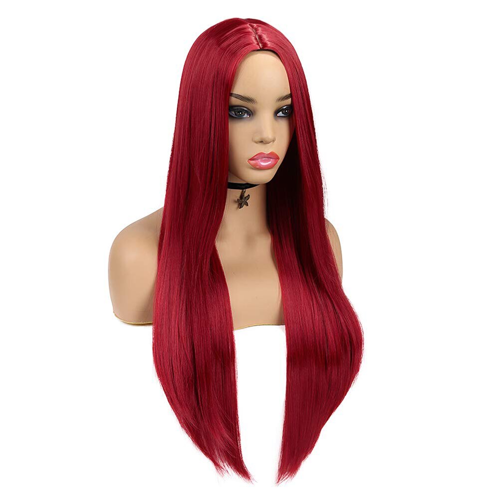 26-Inch Long Red Women Mid-Point Straight Hair Wig Role Play Undyed Pure Red Daily Wear Heat-Resistant Synthetic Wig