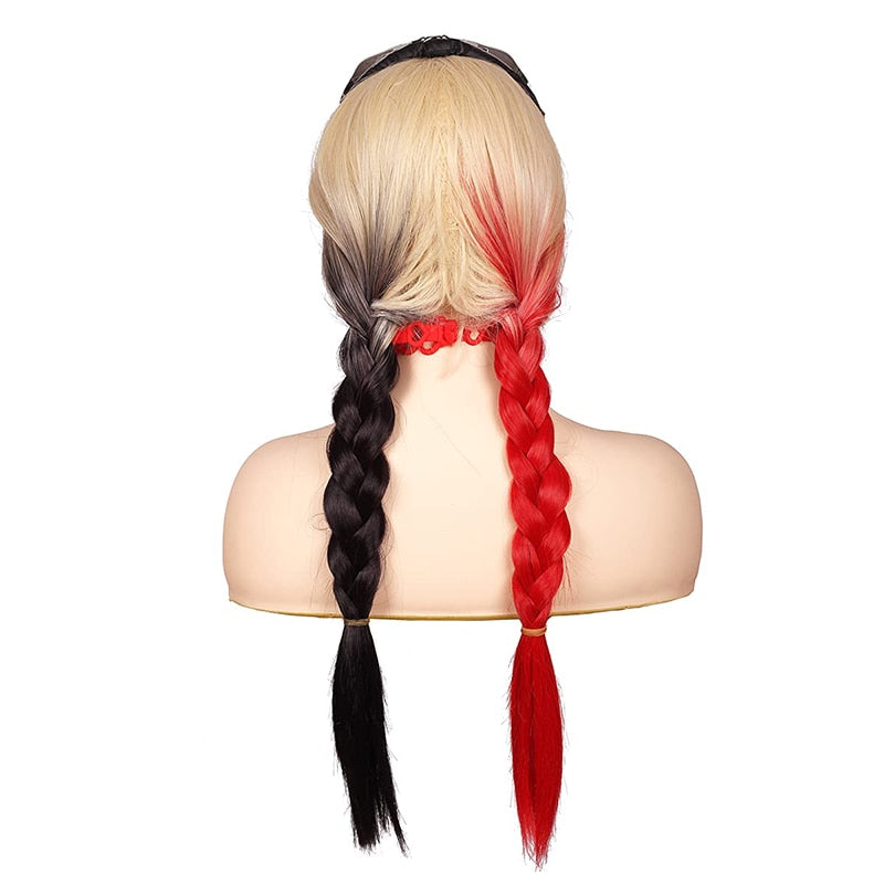 Long Ladies Black and Red 2 Color Braided Wig Double Ponytail Cosplay Halloween Costume Party Wig and Accessories