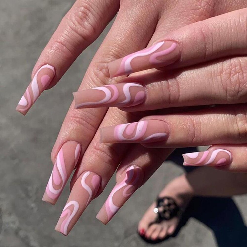 24/30Pcs Pink Leopard Designs False Nails French Long Coffin Fake Nail Artificial Full Cover Nail Art Tips Press on Nail