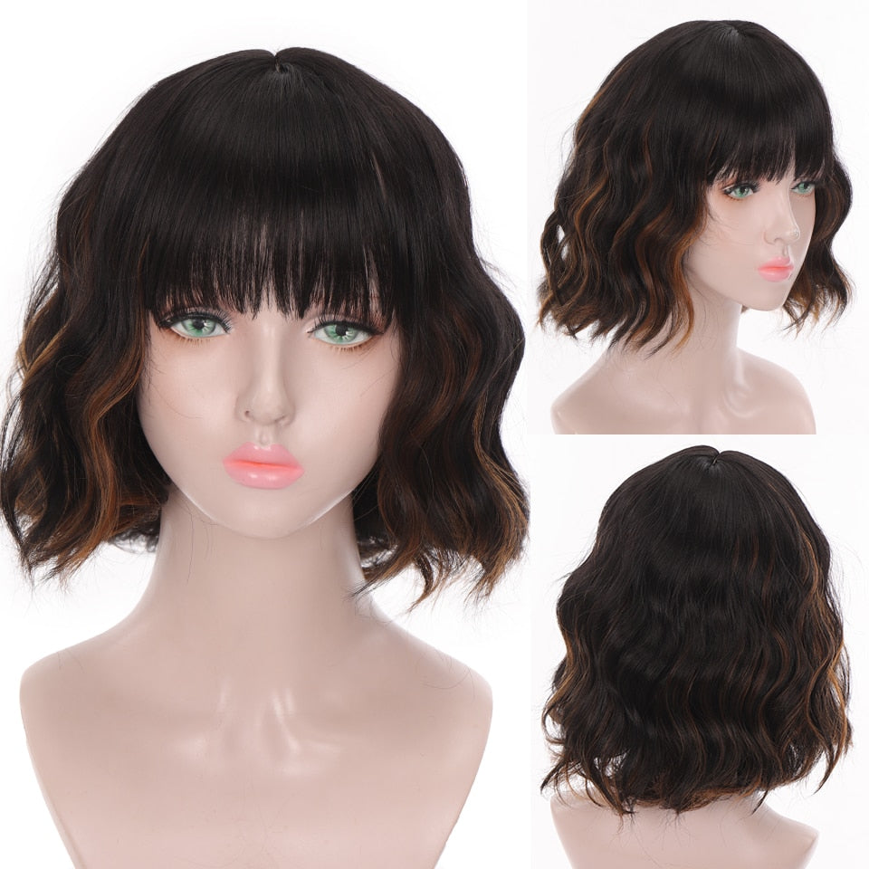 Synthetic Wigs For Women Daily Cosplay Long Water Wave  Lolita Wig With Bangs Cold Brown Heat Resistant Hair Bob Wig