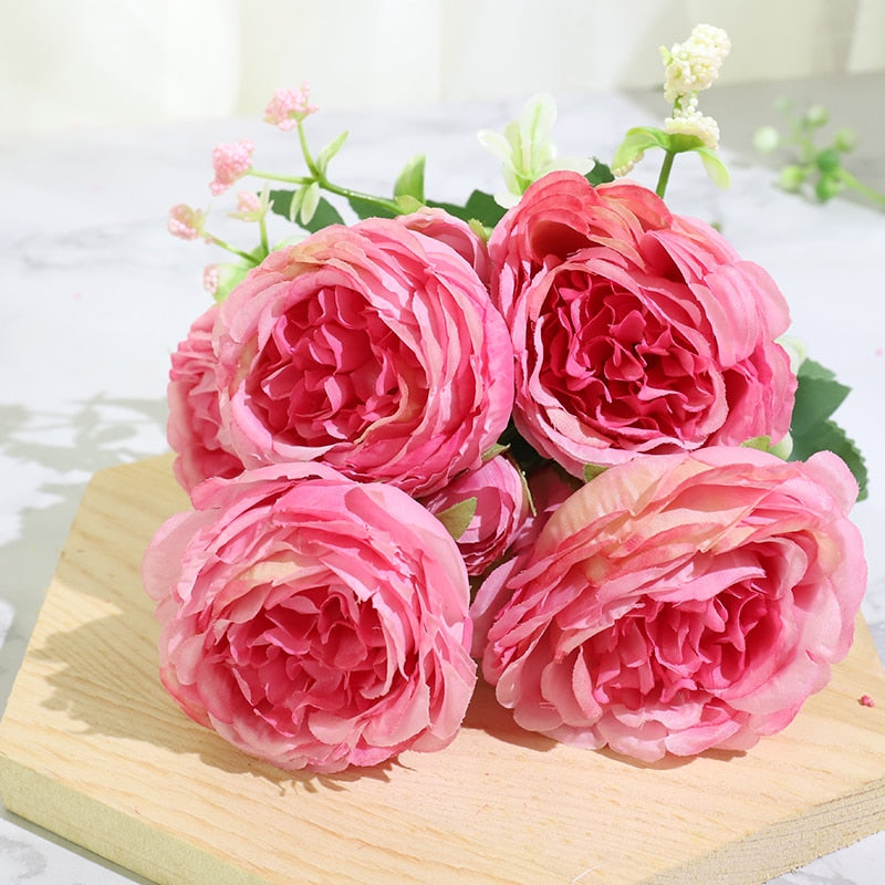 Beautiful Rose Peony Artificial Silk Flowers Small White Bouquet Home Party Winter Wedding Decoration Fake Flowers
