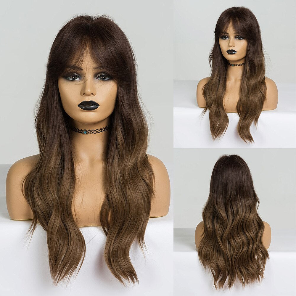 Synthetic Long Wavy Dark Brown Golden Highlight Wig Cosplay Wig with Bangs Heat Resistant
