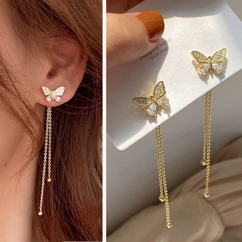 Women Long Tassel Earrings Korean Sweet Butterfly Rhinestone Earring Elegant Geometric Hanging Earring Jewelry