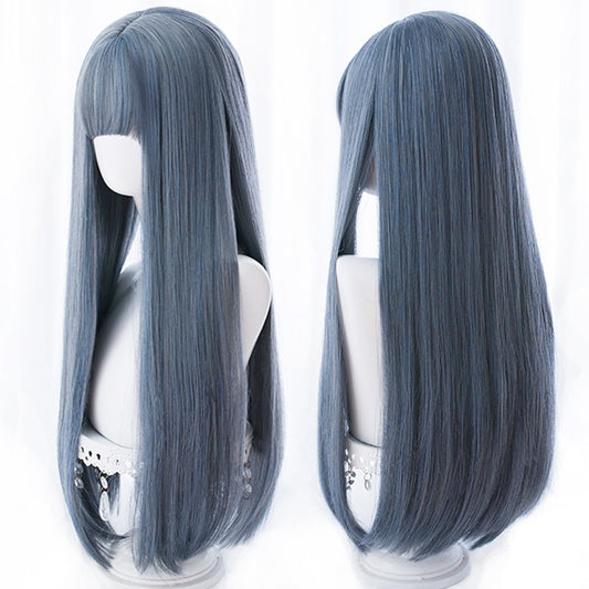 lolita wigs Long straight wigs lady gray blue high temperature resistant synthetic wig cosplay party natural wig