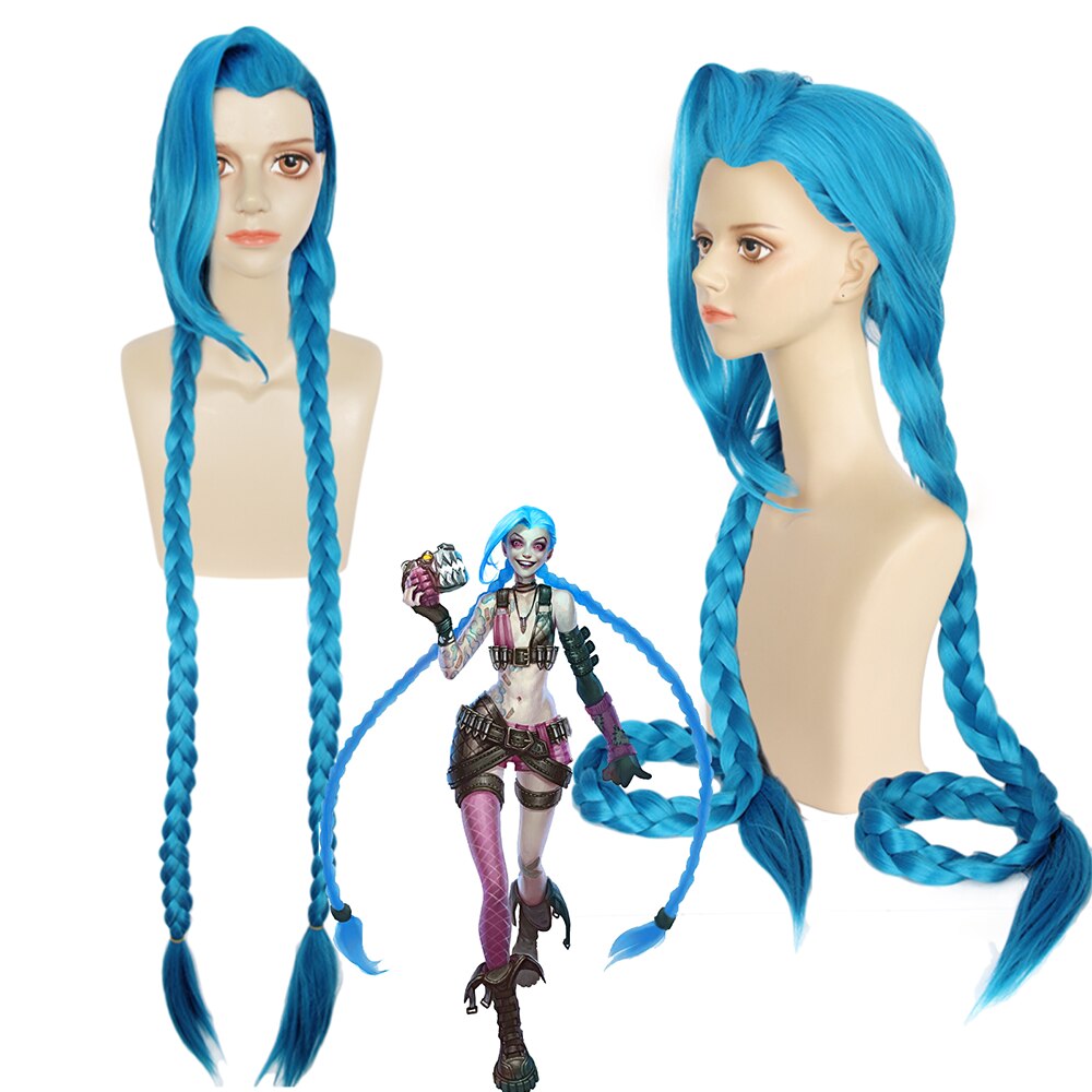 LOL League of Legends Anime Two Cities Battle Cosplay Light Blue Long Braid Ladies Bangs Synthetic Wig Juvenile Jinx Short Bob Wig