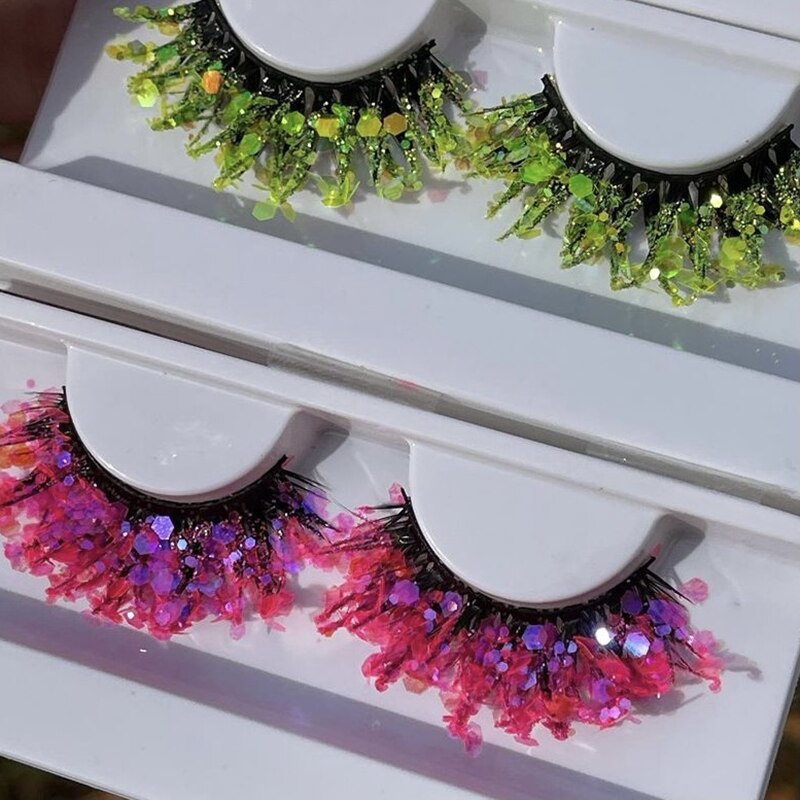 3 Pair Colored Shining Gold Glitter Eyelashes Handmade Dramatic Purple Colorful Rainbow Lashes For Party Show Halloween Cosplay