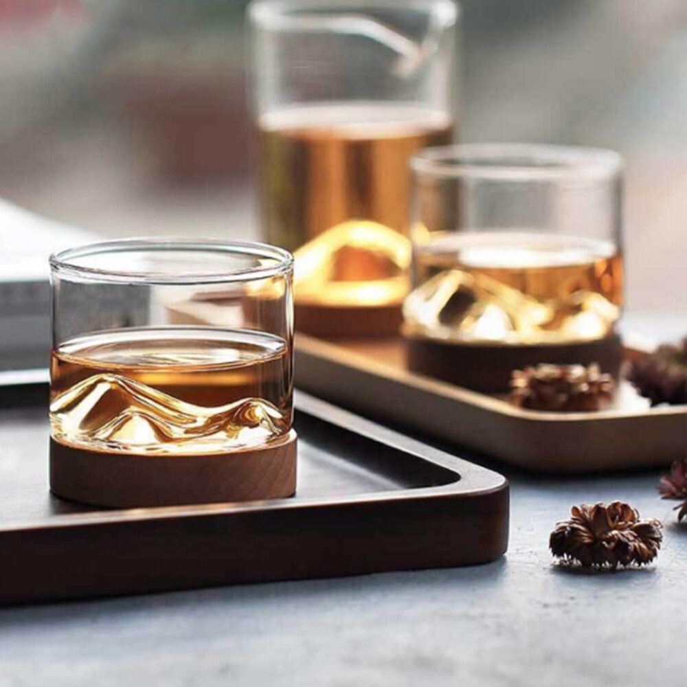 5oz Mountain Wine Glass mug with Wooden chinese tea mug Bottom Whiskey Glasses Japanese Household Tea Cup wood mug