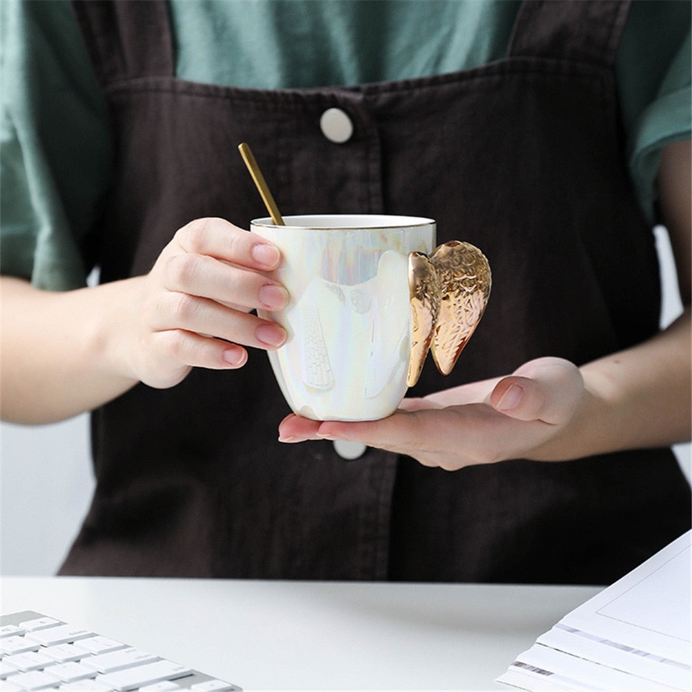 Luxury Ceramic Cup With Angel Wings Handle Gold Plated Creative Cup Coffee Breakfast Milk Drink Tea Mug 1pc