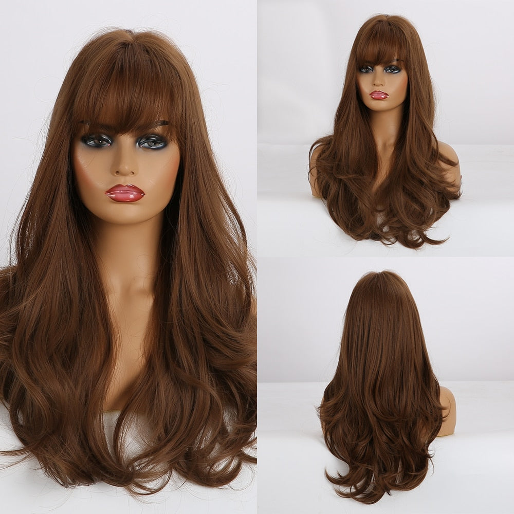 Synthetic Long Wavy Dark Brown Golden Highlight Wig Cosplay Wig with Bangs Heat Resistant